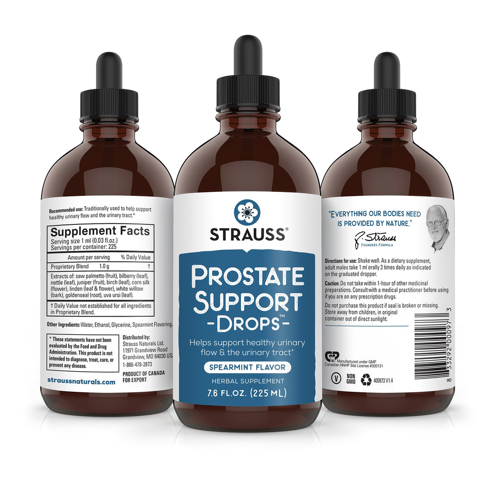 Strauss Naturals Prostate Support label close-up highlighting gluten-free, non-GMO features