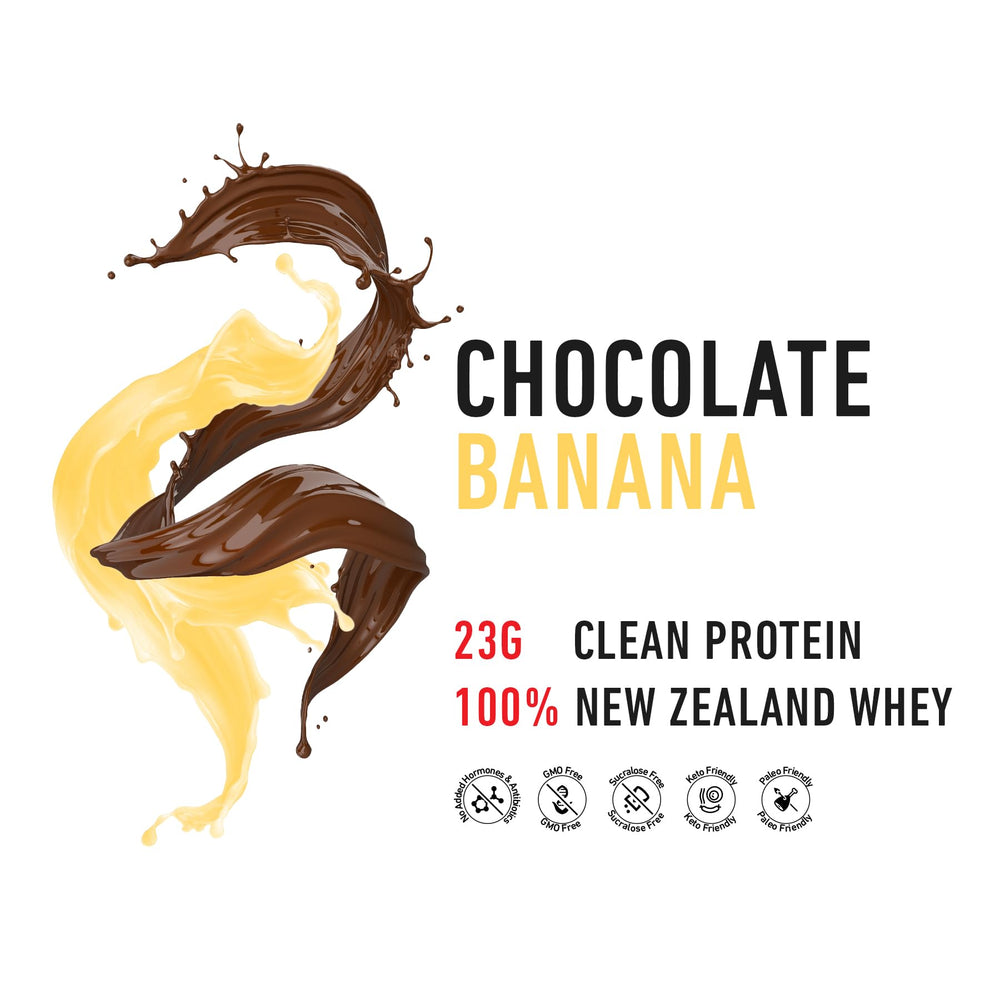 Strength Genesis chocolate banana whey powder ready for keto friendly smoothies