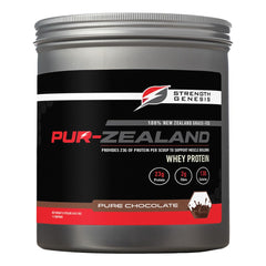 Strength Genesis Pur Zealander whey chocolate tub viewed from front for post workout use