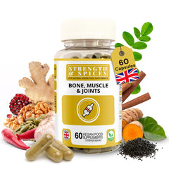 Strength & Spices bone-mobility bottle shows 60 vegan capsules for daily joint support.