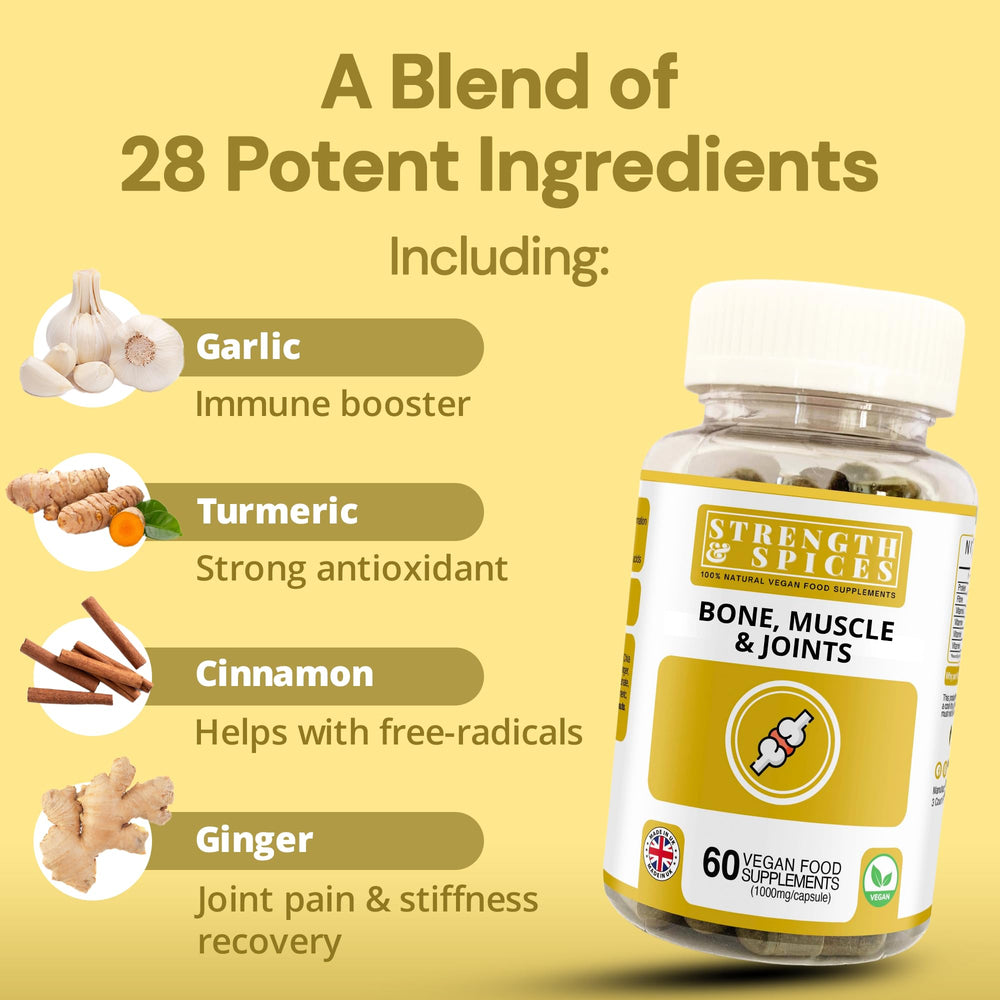 Strength & Spices uk-made capsules label emphasizes vegan-friendly formula and quality.