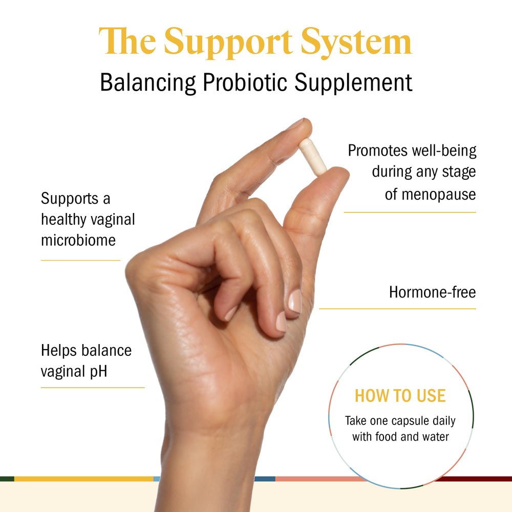 STRIPES The Support System bottle side view with capsules for microbiome support