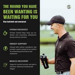 Strokes Gained Hydration orange label shows electrolytes and vitamins for golfers.