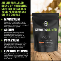 Strokes Gained Hydration orange stick packs tucked in a golf bag for travel.