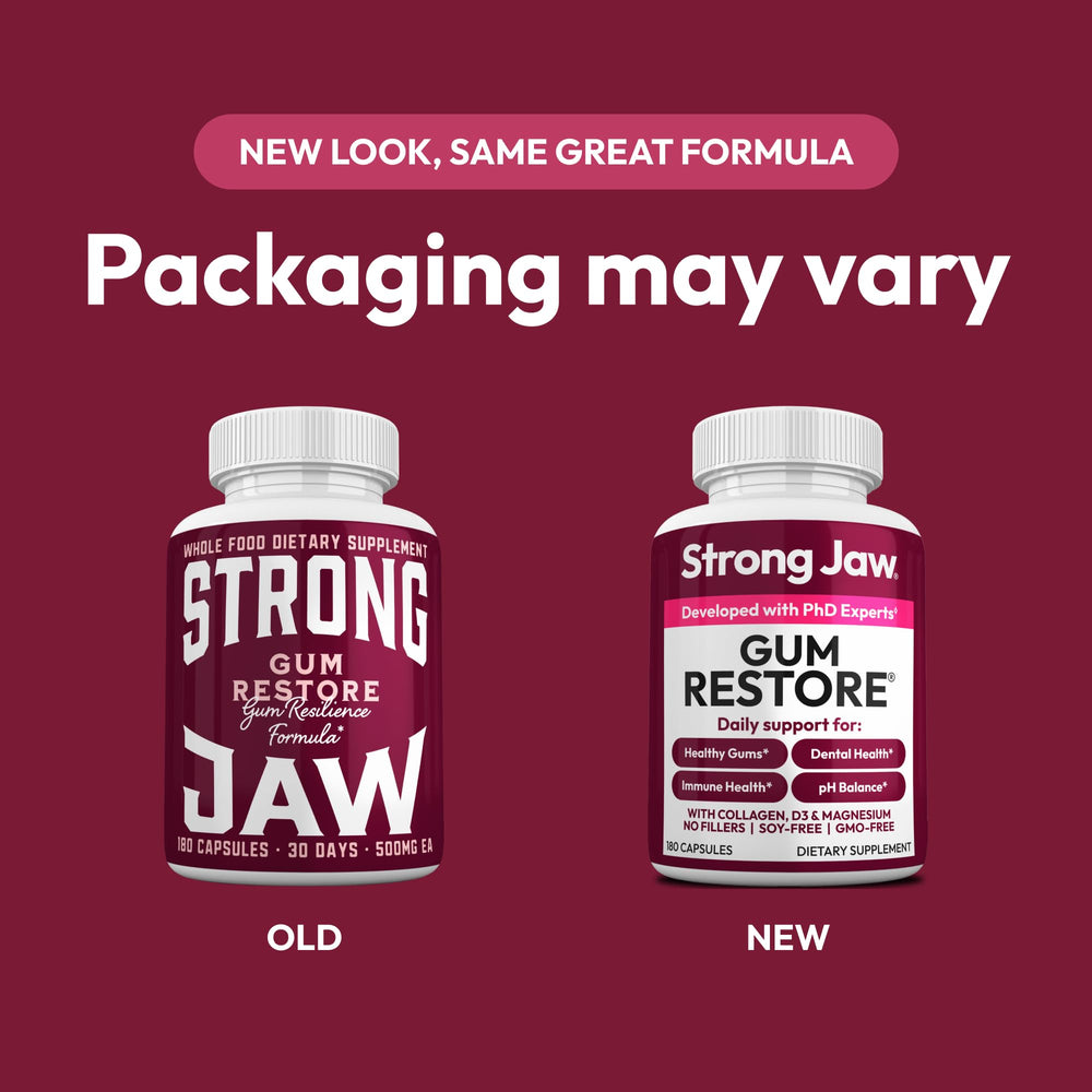 Strong Jaw Gum Restore bottle back with supplement details for dental wellness