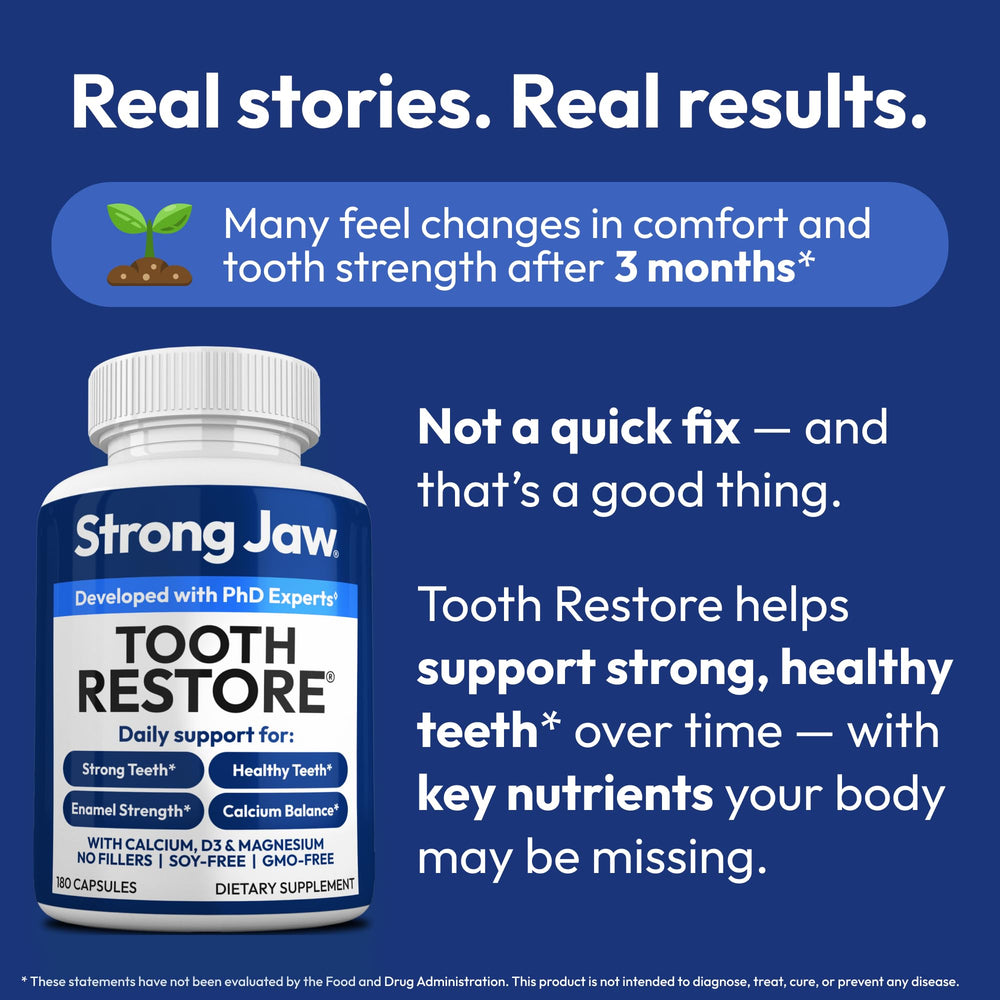 Strong Jaw Tooth Restore on countertop suggests daily dental wellness routine