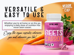 120-count bottle of Strong Organics Beet Carrot Juice Caps for daily use