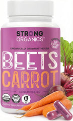 Strong Organics Beet Carrot Juice Caps bottle with vibrant capsules for daily energy