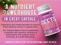 Close-up of Strong Organics Beet Carrot Juice Caps capsules supporting circulation