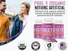 Strong Organics packaging highlighting organic, vegan, non-GMO formula