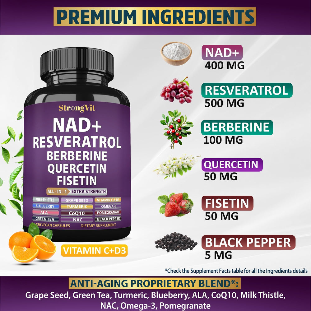 StrongVit Berberine Quercetin CoQ10 capsules illustrating a comprehensive antioxidant blend