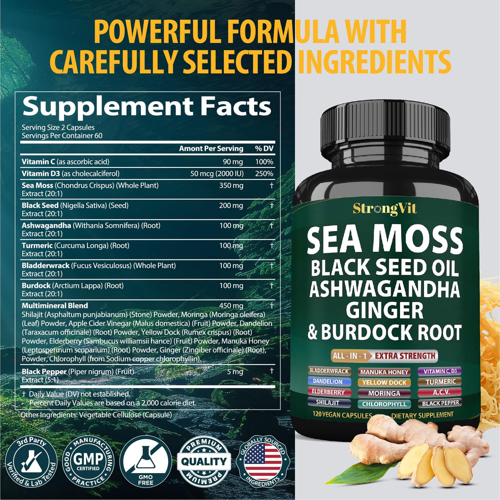 StrongVit sea moss capsules on a shelf with label suggest convenience for routines