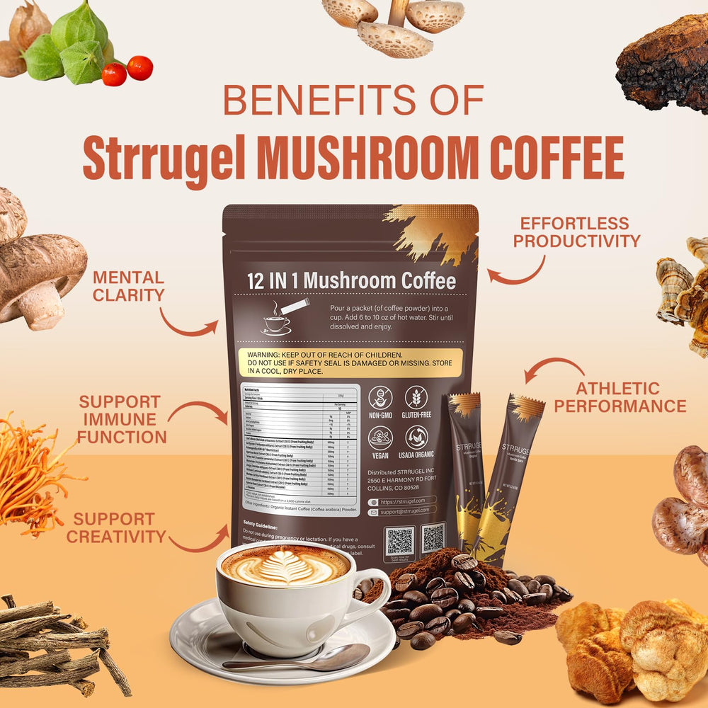 Strrugel Mushroom Coffee dairy-free sugar-free formula suits many diets