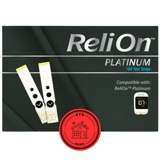 STS Home Platinum test strip 100-count package for at-home glucose testing.