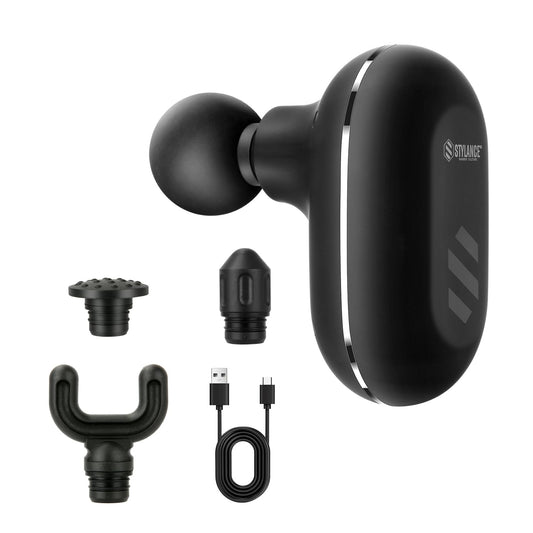 STYLANCE mini massage gun in use for targeted neck relief on the go