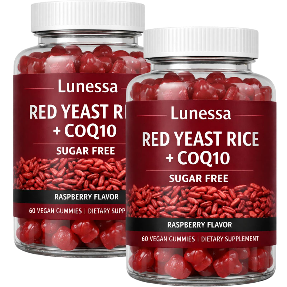 SUBMETIC Lunessa red yeast rice gummies bottle with raspberry flavor for daily enjoyment.
