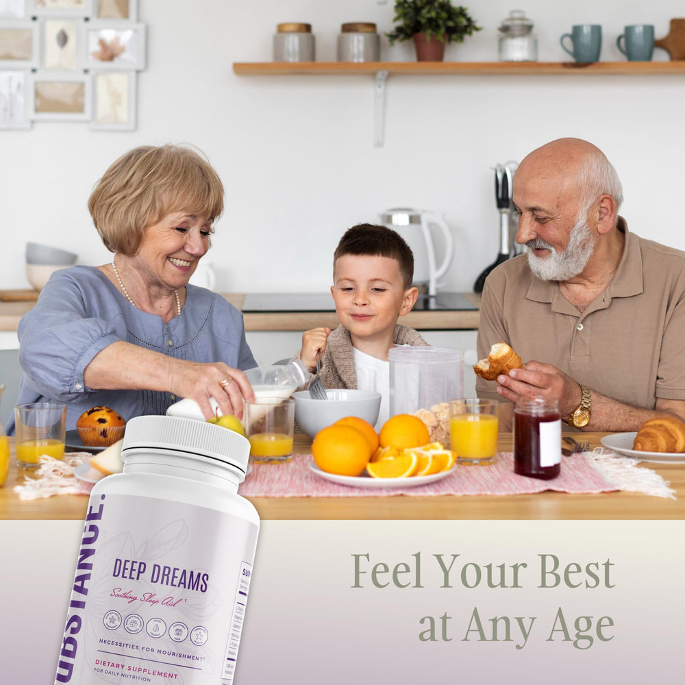 SUBSTANCE Nature’s Deep Dreams bottle with capsules implies convenient nightly use.