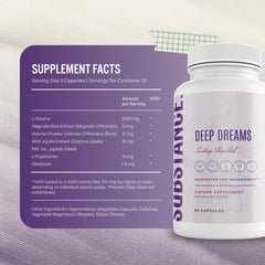 SUBSTANCE Nature’s Deep Dreams ingredients scene features valerian, jujube, and tryptophan.
