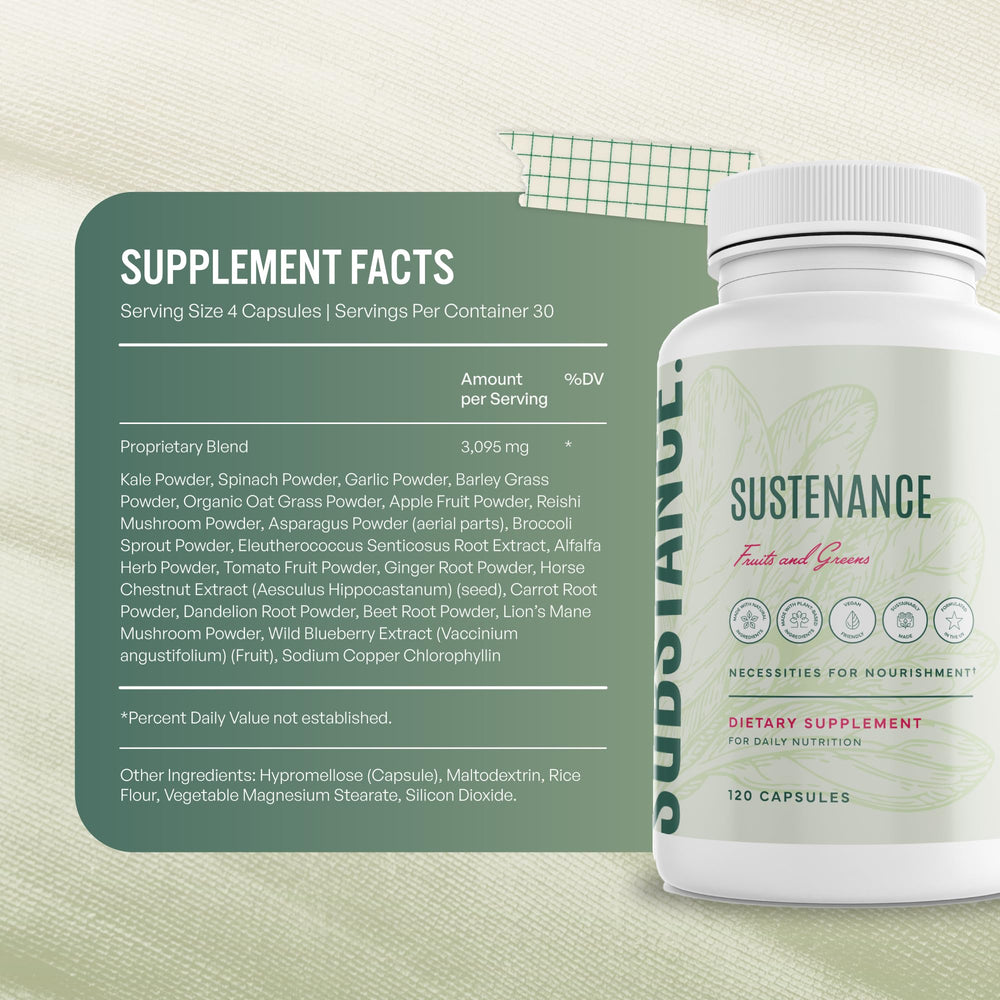 SUBSTANCE Sustenance ingredients blend shows greens, fruits, and vegetables for balanced nutrition.