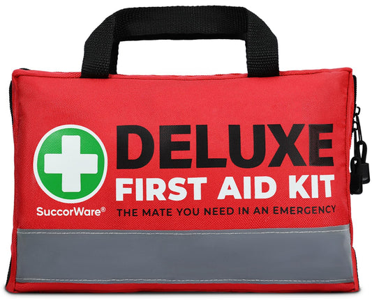 SuccorWare deluxe 380-piece first aid kit ready for home and travel readiness.