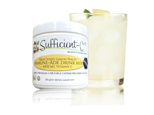 Sufficient-C Lemon Peach Drink Mix scoop beside the tub for quick portions