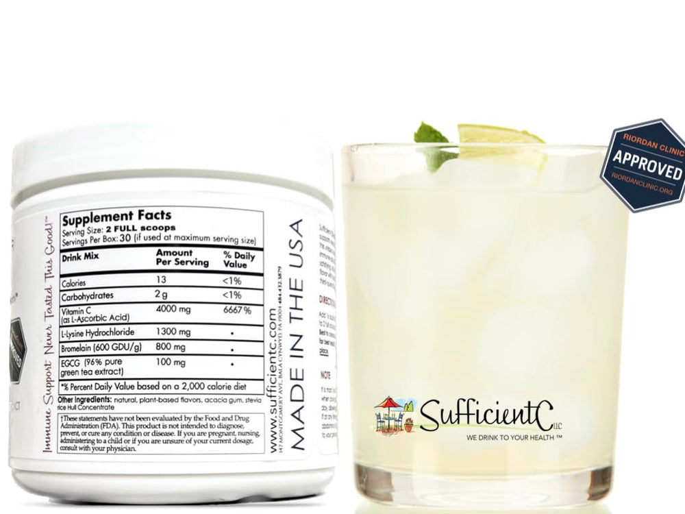 Sufficient-C lemon peach powder scoop dissolving in water for a quick boost.