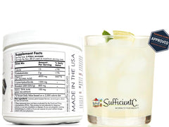 Sufficient-C lemon peach powder scoop dissolving in water for a quick boost.