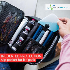 Sugar Medical Insulated Diabetes Organizer opened to reveal inner layout for organized supplies.