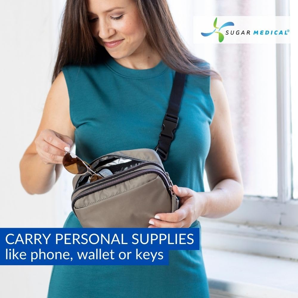 Sugar Medical insulated cross body fanny pack insulated rear section preserves temperature-sensitive items.