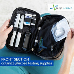 Sugar Medical insulated cross body fanny pack with removable strap for hands-free carry.