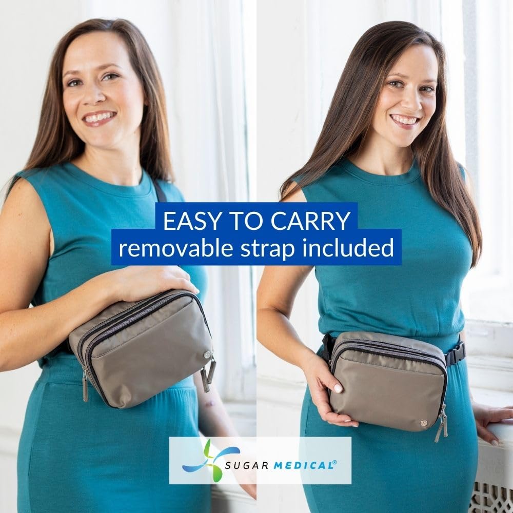 Sugar Medical insulated cross body fanny pack includes a used test strip pocket for discreet disposal.