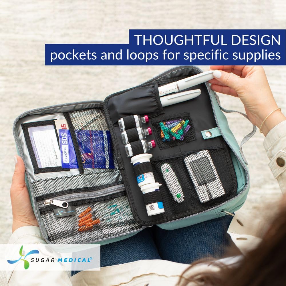 Sugar Medical diabetic travel bag interior with meter and insulin pocket organization