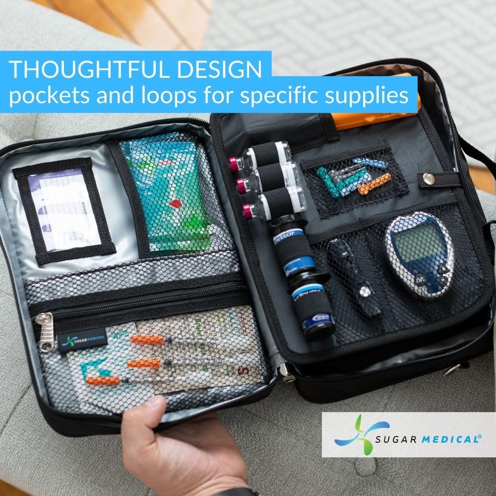 Sugar Medical insulin pen pocket keeps pens reachable during trips.