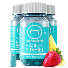 SugarBearHair SugarBearPro hair vitamin gummy packaging shot highlights an easy, convenient daily supplement for hair health.
