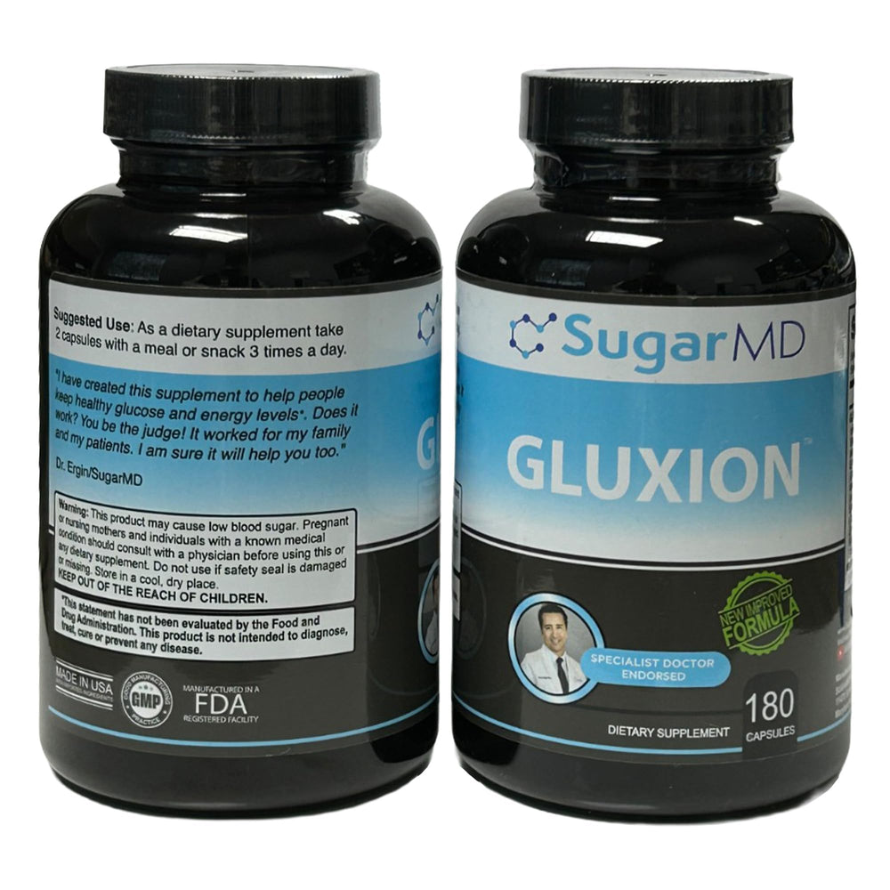 SugarMD Gluxion bottle front view highlighting triple-strength metabolic support for daily balance.