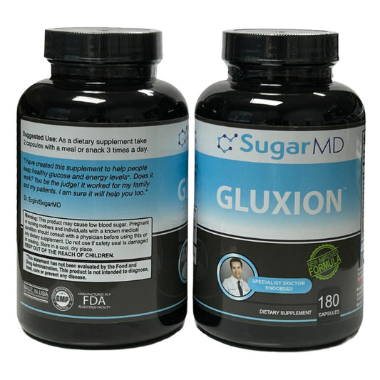 SugarMD Gluxion bottle front view highlighting triple-strength metabolic support for daily balance.