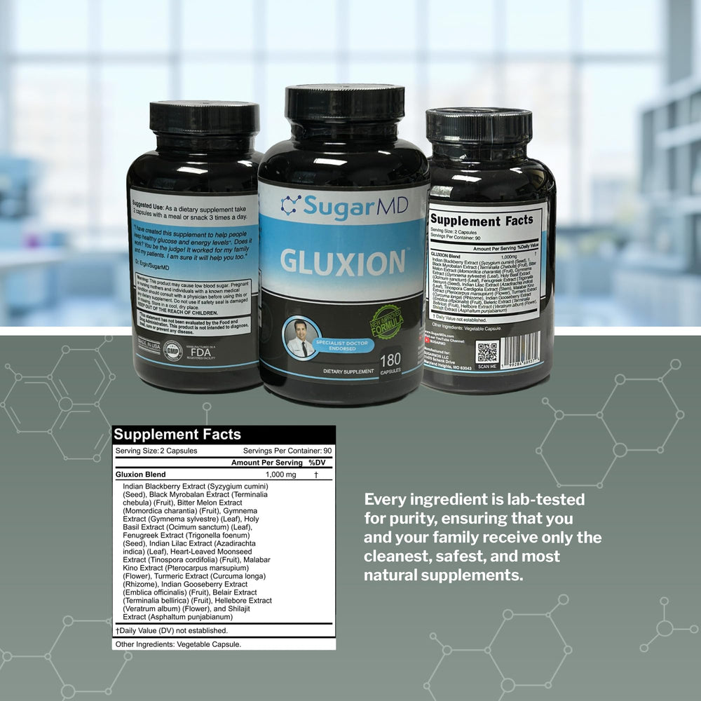 SugarMD Gluxion bottle with measuring spoon staged for easy daily routines.