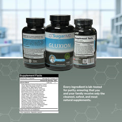 SugarMD Gluxion bottle with measuring spoon staged for easy daily routines.