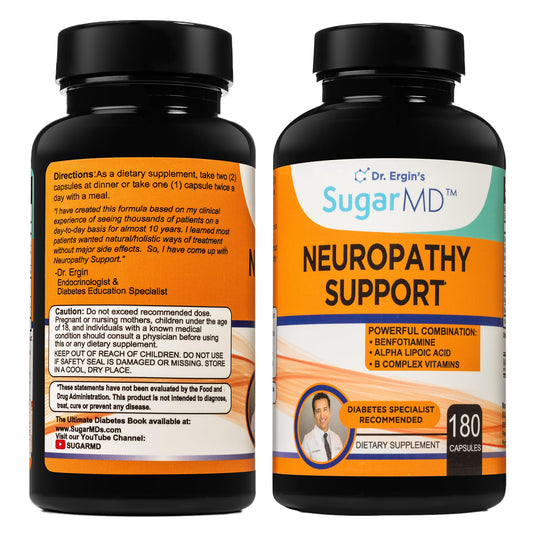 SugarMD Neuropathy Support bottle shows alpha-lipoic acid and B vitamins for nerve health.