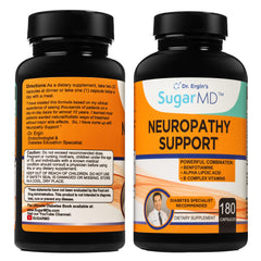 SugarMD Neuropathy Support bottle shows alpha-lipoic acid and B vitamins for nerve health.