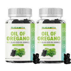 SUGAWITA oregano oil gummies on bottle label for convenient daily support.