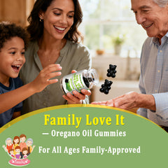 SUGAWITA 3-in-1 gummies iconography featuring oregano oil, black seed oil, and D3.