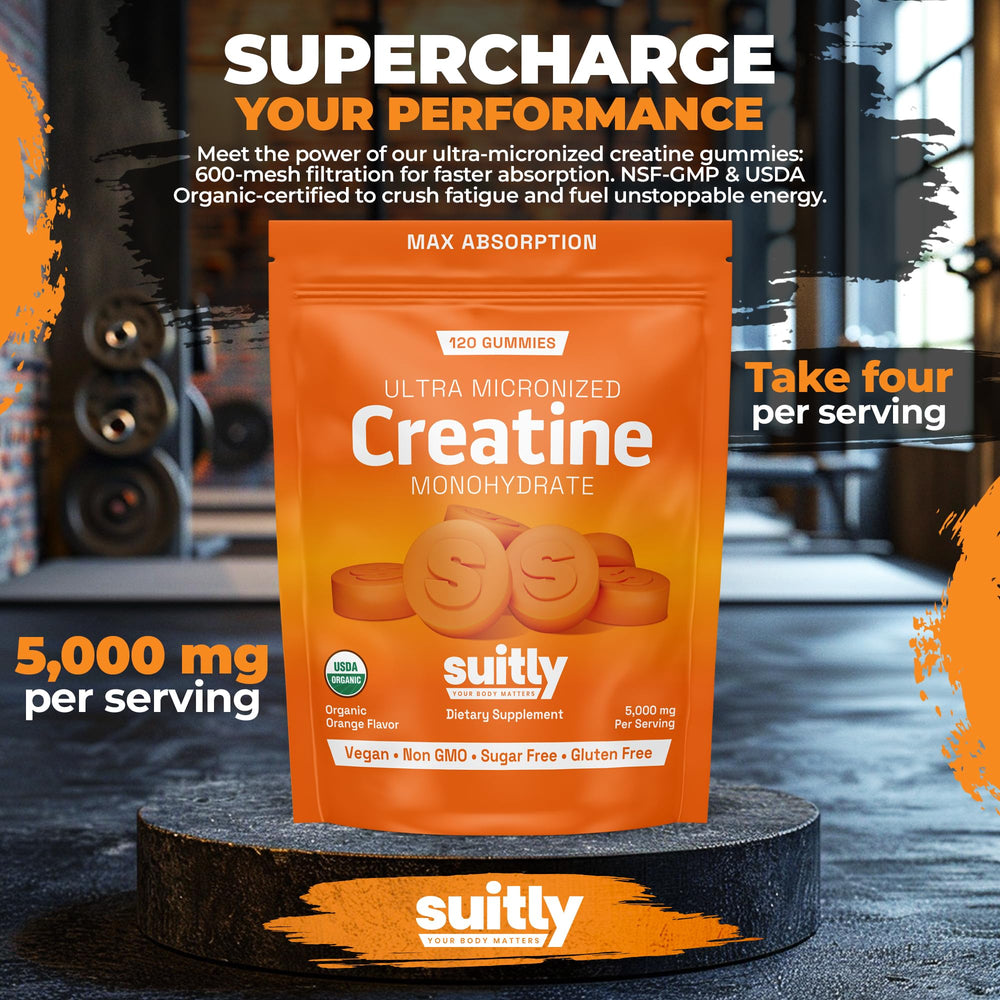 Suitly organic creatine gummies sugar-free label highlighting clean ingredients