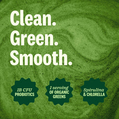 Suja Organic Greens Powder bag beside a glass indicating probiotic blend.