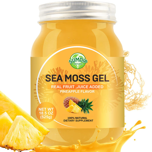 SumDIP Sea Moss Gel pineapple jar showing bright flavor and convenient packaging.