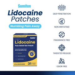 Sumifun 4% Lidocaine patches applied to neck for targeted temporary relief.