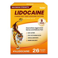 Sumifun lidocaine patch box showing 26-count, portable for home or travel use