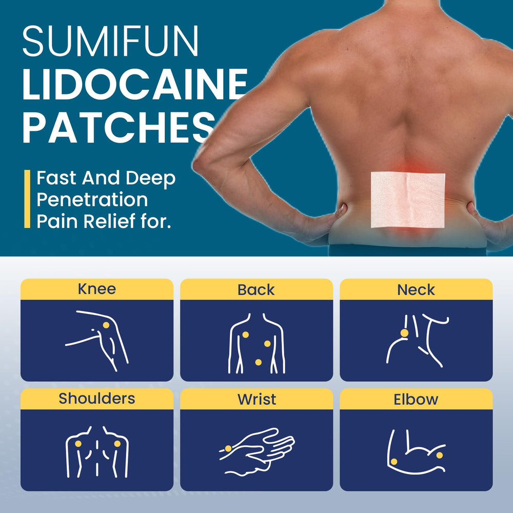Sumifun lidocaine patches on neck area for soothing muscle support.