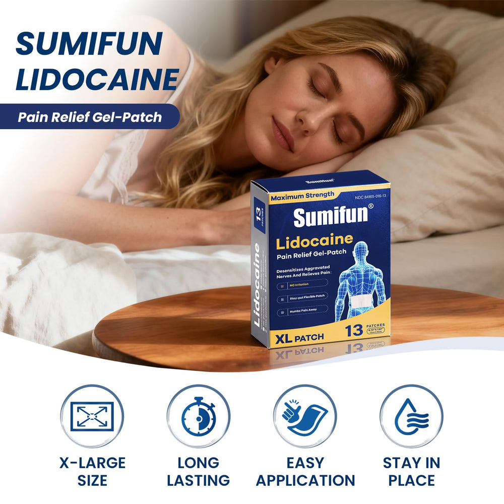 Sumifun XL lidocaine patch applied to shoulder for quick numbness relief