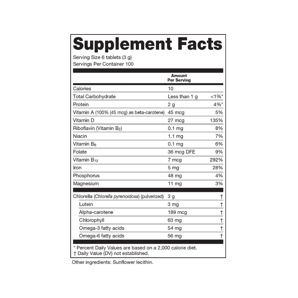 Sun Chlorella label close-up highlighting quality and non-GMO promise.